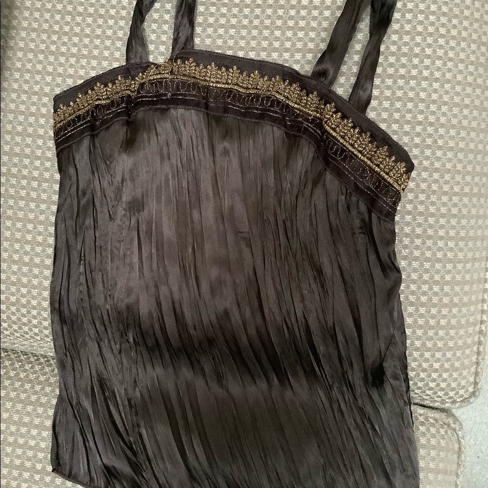 Brown crinkle camisole with gold lame embroidered border.